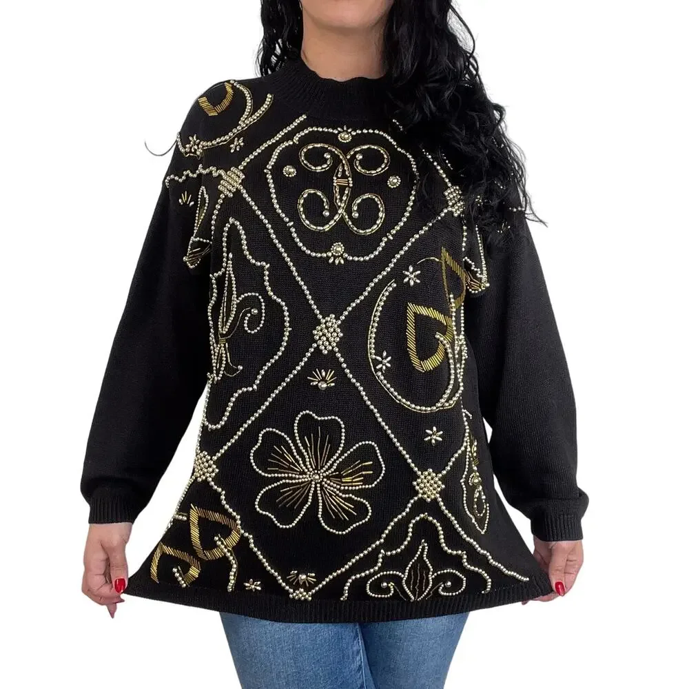 Victoria Jones 1980s Vintage Black & Gold Beaded Embroidered Sweater Large